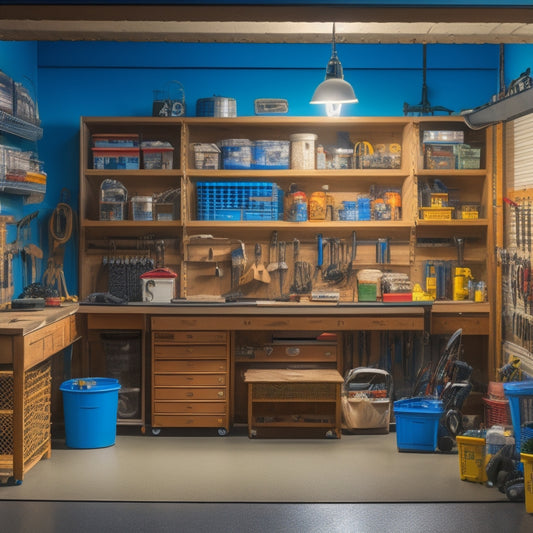 A tidy, well-lit garage workshop with a central pegboard displaying an assortment of neatly hung tools, baskets, and bins, surrounded by organized workbenches and a few strategically placed labeled containers.