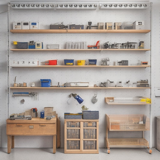 A clutter-free, compact workshop with a pegboard on a wall, holding various tools, and a rolling cabinet with labeled drawers, situated in a small, well-organized room with a white background.