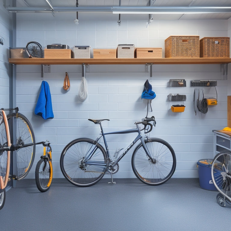 A well-organized small garage with a slatwall featuring hooks, bins, and baskets, a floor-to-ceiling shelving unit, a compact workstation, and a sleek bike lift system, all in a clean, minimalist aesthetic.