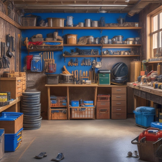 A cluttered garage with tools and boxes scattered on the floor, transforming into a organized space with three levels of sturdy wooden shelves, holding labeled bins and neatly arranged equipment.