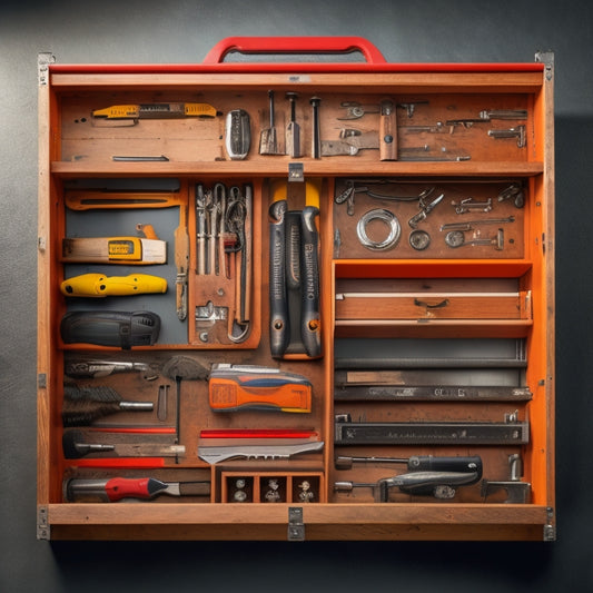A clutter-free toolbox with multiple, neatly arranged tool drawer inserts, showcasing various dividers, compartments, and organizers, surrounded by a mix of hand tools, power tools, and accessories.