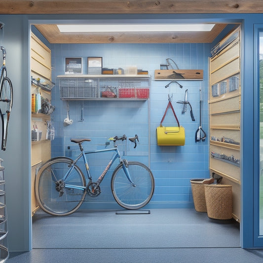 A well-organized garage with sleek, silver storage cabinets, a pegboard with hanging tools, and a designated zone for bicycles, balls, and outdoor gear, illuminated by natural light pouring in through a large window.