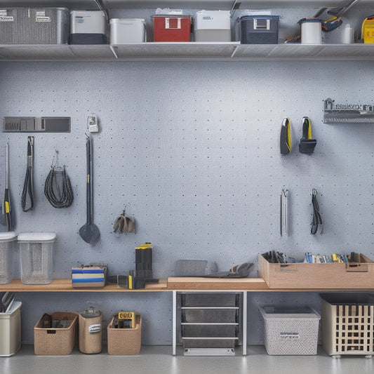 A tidy garage with a pegboard on one wall, holding neatly organized tools and accessories, and a sleek, modular storage system with labeled bins and drawers on the adjacent wall.