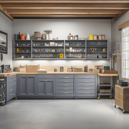 A well-organized garage with a wall of tall, gray, industrial-style cabinets, each with multiple drawers and shelves, storing various tools and equipment, with a workbench and pegboard in the background.