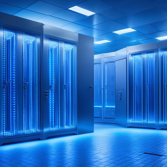 A futuristic, high-tech vault with rows of sleek, silver lockers, each with a glowing blue LED strip and a compact, spinning hard drive on the door, set against a dark, gradient blue background.