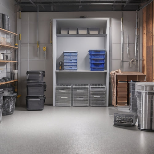 A well-organized garage with three bins of varying sizes, each with a different type of item inside (e.g., tools, sports equipment, and storage containers), set against a clean, gray concrete floor.