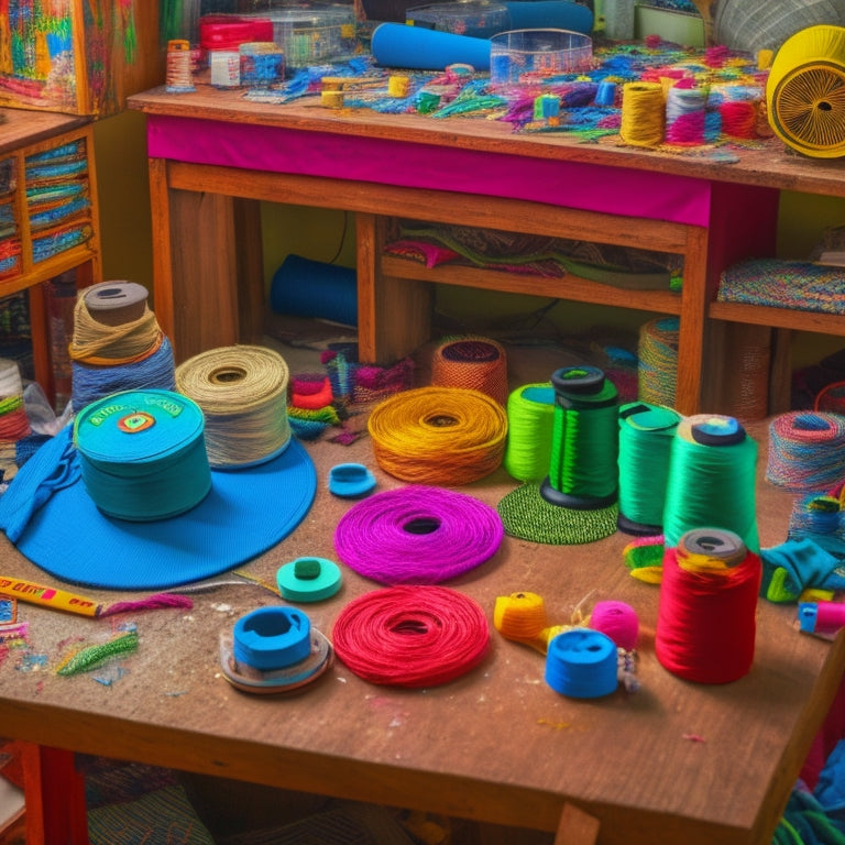 A colorful, cluttered workshop scene with embroidery hoops, spools of thread, vinyl cutters, and laptops surrounded by half-finished projects, scraps of fabric, and vinyl sheets.