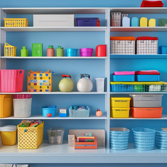 A tidy shelf with 5-7 assorted, differently-sized, and colored bins, baskets, and containers, each filled with distinct items like books, toys, or office supplies, against a light gray or white background.