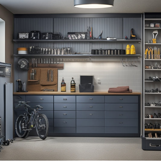 A sleek, metallic wall-mounted tool cabinet with sliding drawers, magnetic strips, and hooks, surrounded by a neatly organized garage with a few tools and a sports bike in the background.