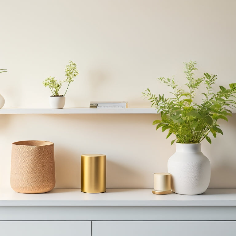 A serene, minimalist shelf with neatly arranged books, a few decorative vases, and a small potted plant, against a soft, creamy white background, with warm, golden lighting.