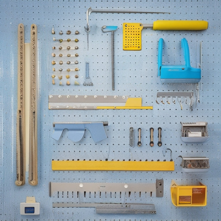 A neatly organized pegboard with various tool hangers, including hooks, bins, and holders, showcasing a drill, level, pliers, and other tools, against a clean, white background, with subtle shadows.