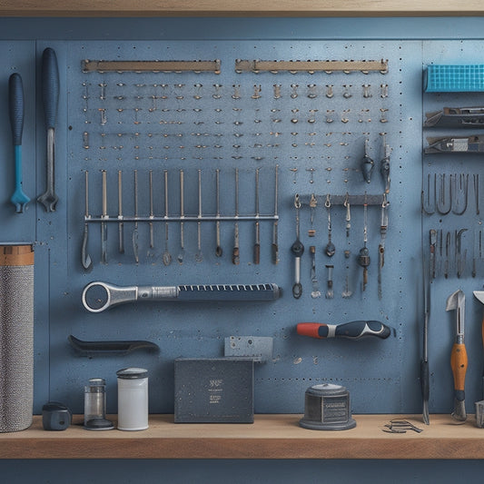 A well-organized compact tool pegboard with a mix of metal and wooden accents, set against a clean, light-gray garage wall, surrounded by a few strategically placed tools and accessories.
