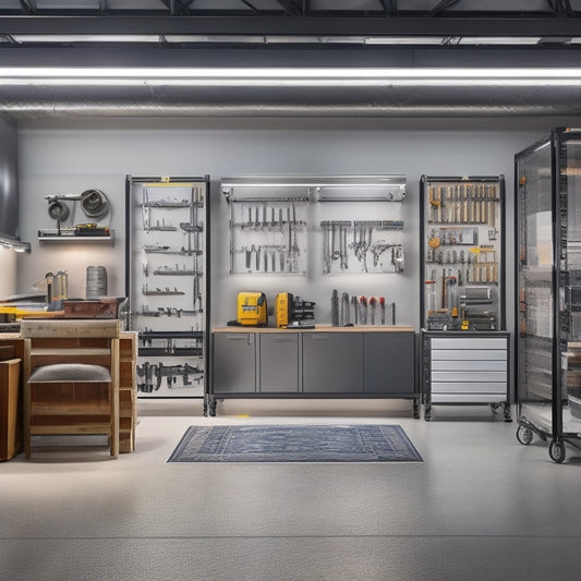 A well-lit garage with a wall-mounted tool cabinet featuring transparent glass doors, filled with neatly arranged power tools, wrenches, and sockets, against a clean, gray concrete floor and white walls.