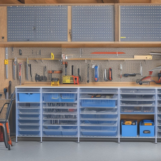 A well-organized garage with a pegboard covered in hanging tools, a modular cabinet system with labeled drawers, and a rolling tool chest with open drawers revealing storage bins and power tools.