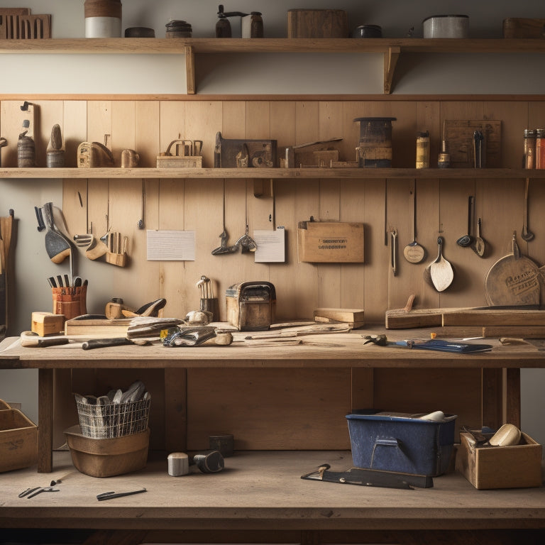 An organized woodworking workshop with a calendar on the wall, a task list on a clipboard, and a workbench with labeled project components, surrounded by neatly arranged tools and materials.