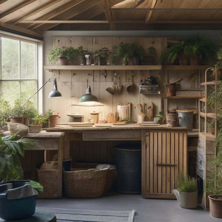 A well-lit, whitewashed shed interior with neatly arranged tools on pegboards, labeled bins on shelves, and a sleek workstation with a wooden vice, surrounded by lush greenery through open windows.