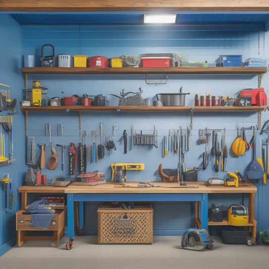 A clutter-free small garage with a Pegboard-covered wall, a rolling tool chest, and a slotted storage system on the ceiling, surrounded by various tools and equipment in an organized manner.