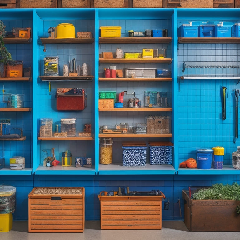 A clutter-free workshop with a pegboard on the wall, holding various tools and accessories, alongside a compact shelving unit with labeled bins, and a rolling cabinet with open drawers revealing organized tool sets.