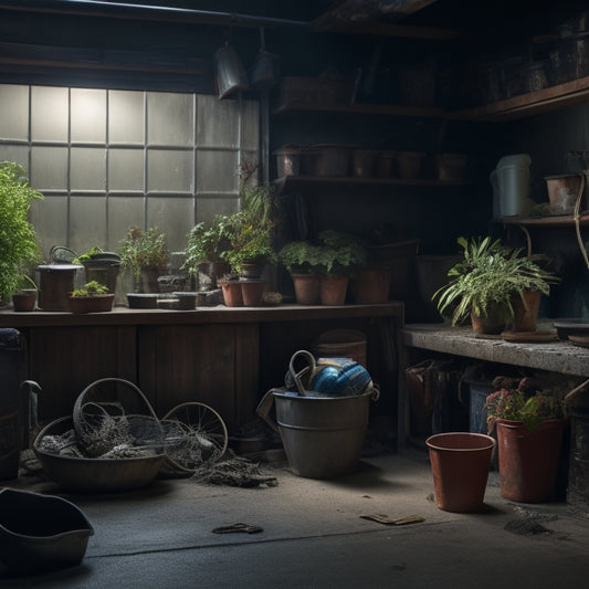 A dimly lit garage with cobwebs, rusty tools, and cluttered shelves, with a lone, wilted potted plant in the corner, surrounded by scattered gardening gloves and a forgotten watering can.