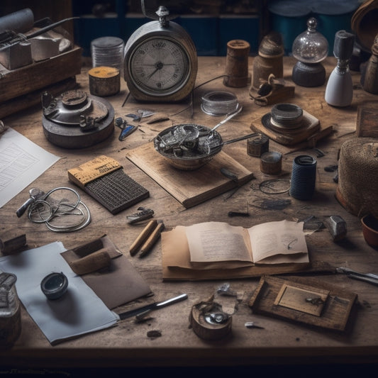 A cluttered workshop table with various DIY tools and materials, a clock or timer in the center, surrounded by scattered papers with scribbled notes and calculations.