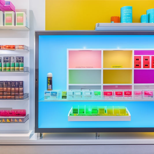 A bright, modern retail store shelf with neatly arranged products, a tablet displaying a planogram, and a few strategically placed arrows indicating optimization, surrounded by subtle sales and growth charts in the background.