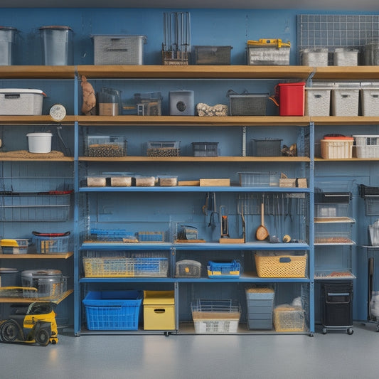 A clutter-free workshop with a pegboard displaying organized tools, labeled bins on shelves, and a rolling cart with stacked drawers, set against a clean, gray background.