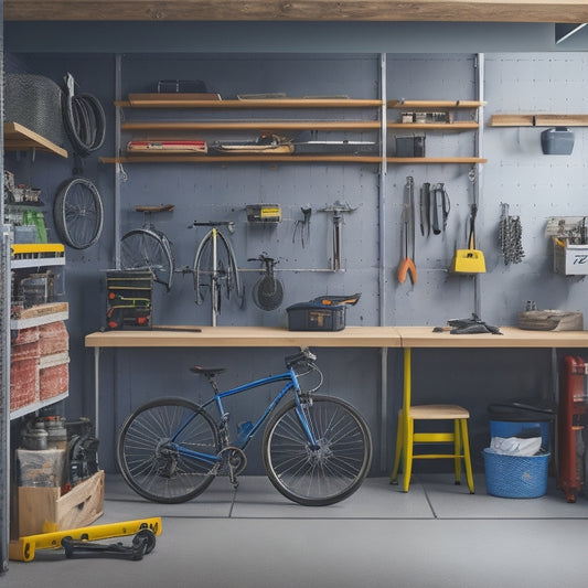 A clutter-free garage with a pegboard displaying a level, wrench, and pliers, a workbench with a vice, a shelving unit with labeled bins, and a floor mat with a parked bicycle.