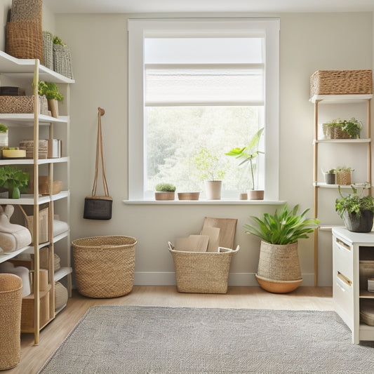 A serene, clutter-free room with a minimalist desk, surrounded by floor-to-ceiling shelves, labeled storage bins, and woven baskets, with a few potted plants and a natural fiber rug.