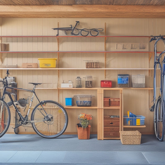 A well-organized garage interior with four wooden shelves of varying heights, holding neatly arranged tools, storage bins, and a few bicycles, set against a light-gray concrete wall.