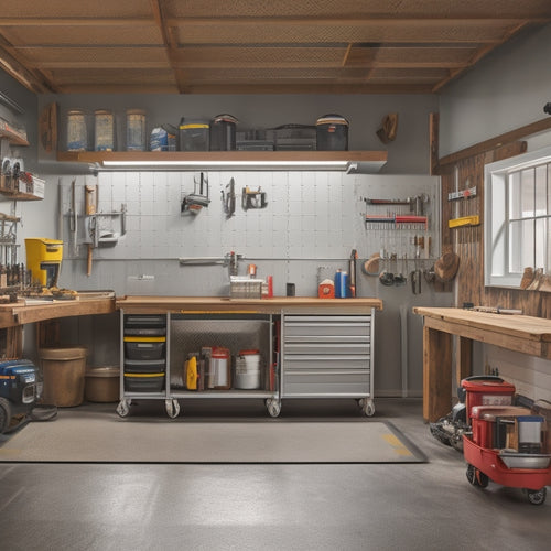 A clutter-free garage workshop with a sleek, stainless steel workbench at center, surrounded by toolboxes, pegboards, and neatly organized hand tools, with a hint of natural light and a blurred background.