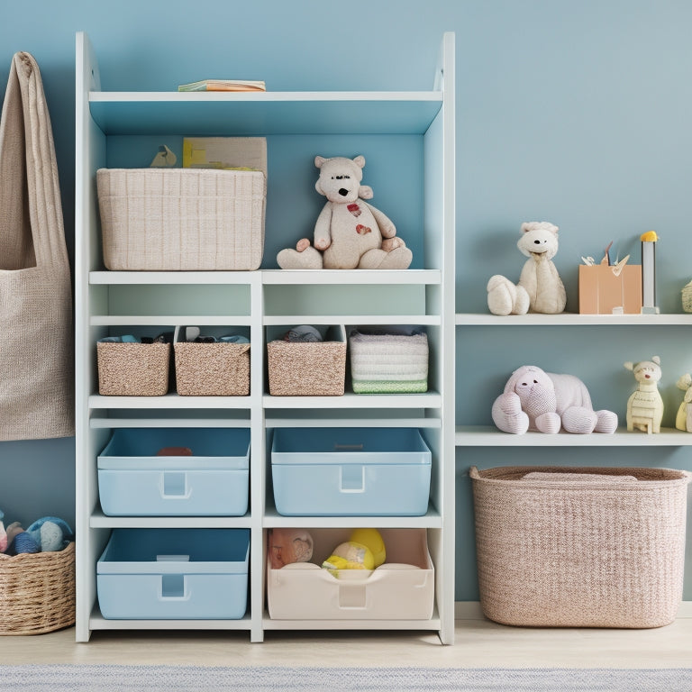 A tidy, modern shelf with 5-7 storage bins of varying sizes in a calming color palette, filled with neatly organized toys, craft supplies, and linens, against a soft, creamy background.