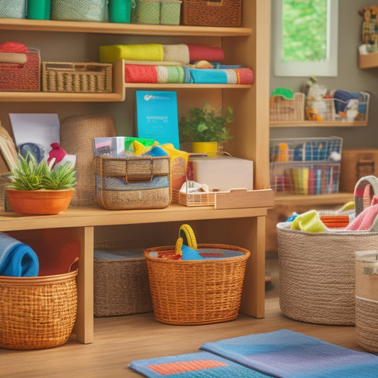A cluttered room with scattered items, surrounded by calming organization tools: a woven basket, a wooden desk organizer, a set of colorful storage bins, and a few neatly labeled folders.