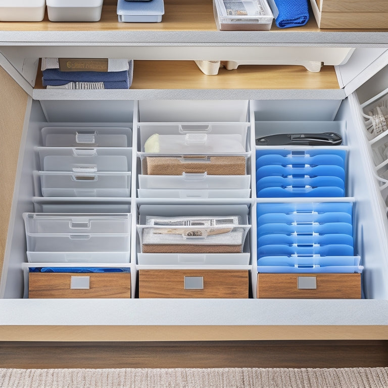 A neatly organized step drawer with clear storage bins, labeled drawers, and a tiered shelf system, showcasing a clutter-free space with a soft, natural light filtering through the background.