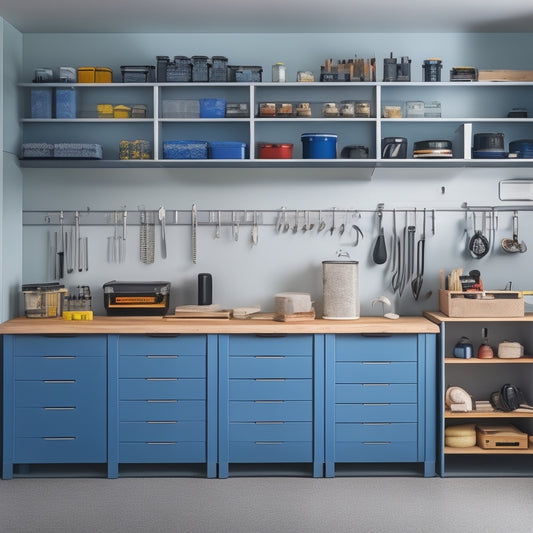 A well-organized workshop with a sleek, gray storage cupboard against a white wall, tools and equipment neatly arranged on shelves, and a clutter-free workbench in the center.