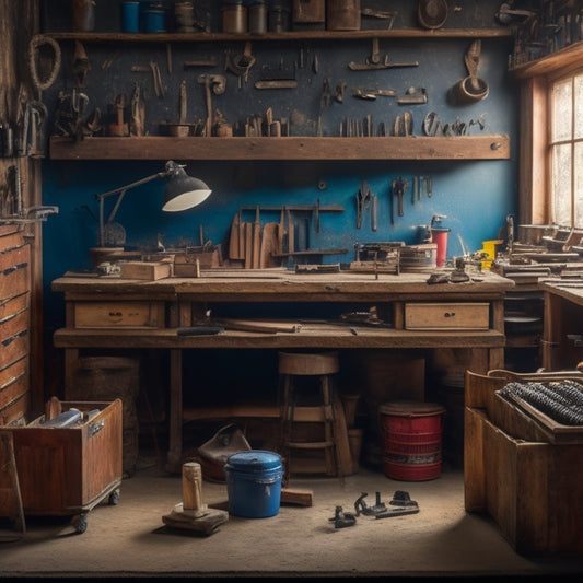 A tidy workshop with a wooden workbench, surrounded by five tool bins of varying sizes, each with a distinct shape and color, organized by tool type, with tools and parts spilling out.