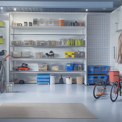 A well-organized garage with sleek, silver storage units lining the walls, filled with bins, baskets, and hooks holding various tools, sports equipment, and boxes, amidst a polished concrete floor.