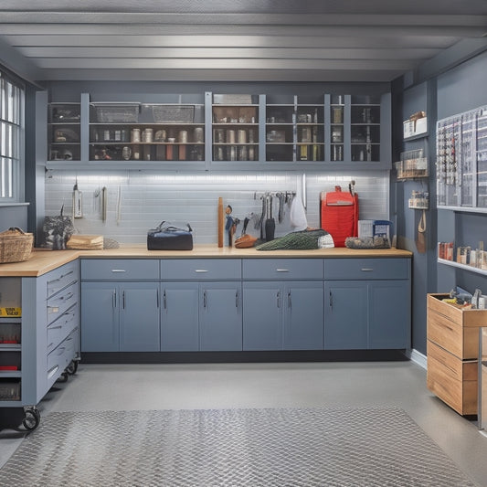 A well-organized garage with sleek, floor-to-ceiling storage cabinets, a slatted wall with hooks and baskets, and a stainless steel workbench with built-in drawers and a built-in vice.