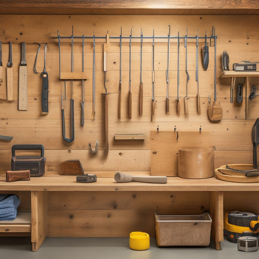 A clutter-free woodworking bench with a few essential tools: a tape measure, hammer, hand saw, and chisel set, organized in a compact, wall-mounted pegboard with labeled hooks and bins.