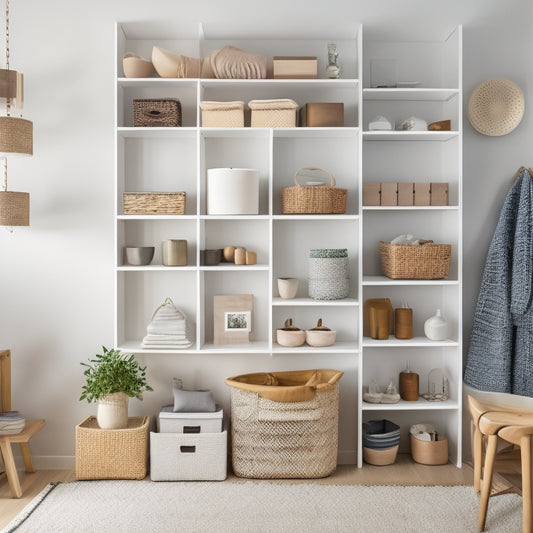 A tidy, modern room with a minimalist aesthetic, featuring a floor-to-ceiling shelving unit, organized baskets, and a pegboard with hooks, surrounded by a few, carefully-placed decorative items.