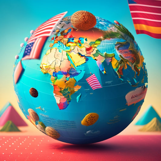 A whimsical illustration of a globe with speech bubbles and language flags orbiting around it, surrounded by stylized waves and a subtle background of a world map.