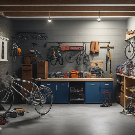 A well-organized garage interior with a slatwall, bins, and hooks, featuring a parked car, a workbench with tools, and a few bicycles hung from the ceiling.