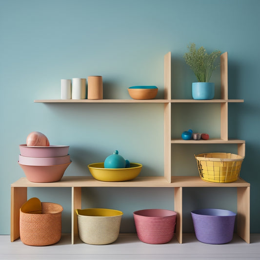 A curated composition of 5-7 colorful, uniquely-shaped storage bins and baskets of varying sizes, arranged artfully on a minimalist white shelf against a soft, natural-wood background.