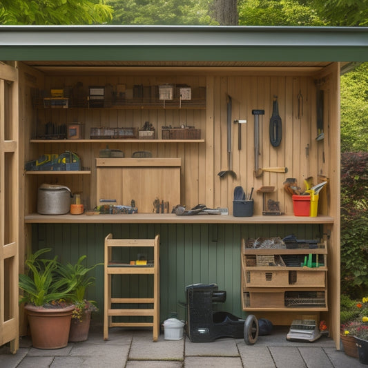 A well-organized shed with a slanted roof, filled with neatly arranged tools on pegboards, labeled bins on shelves, and a workbench with a vice, surrounded by a lush green garden.