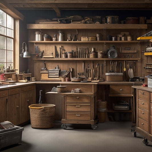 A well-organized garage workspace with a sturdy, wooden tool chest in the center, surrounded by various tools and accessories, with a few drawers and compartments open to reveal organized storage.