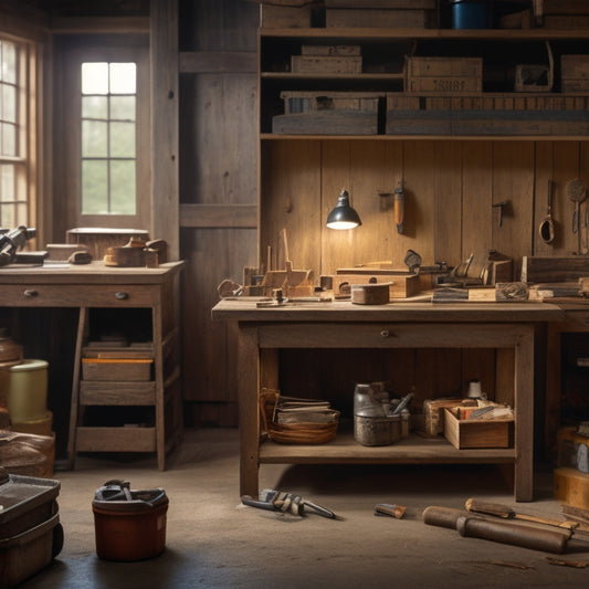 A well-lit, organized workshop with a wooden tool chest featuring multiple drawers of varying sizes, surrounded by scattered tools, with a hint of wood shavings and a subtle wood grain texture.