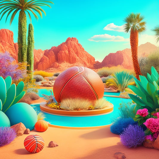 A stylized illustration of a serene desert oasis, with a giant basketball surrounded by lush greenery, vibrant flowers, and colorful design elements, subtly incorporating Dribbble's iconic logo.