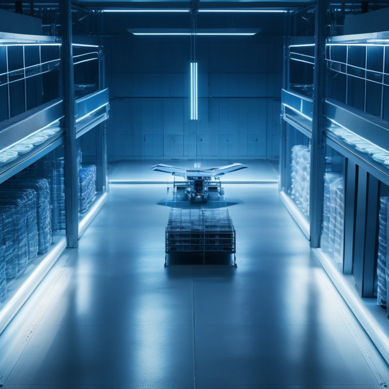 A futuristic warehouse with sleek, silver robotic arms and automated conveyor belts, surrounded by transparent glass walls and floors, illuminated by soft blue LED lights and hovering drones.