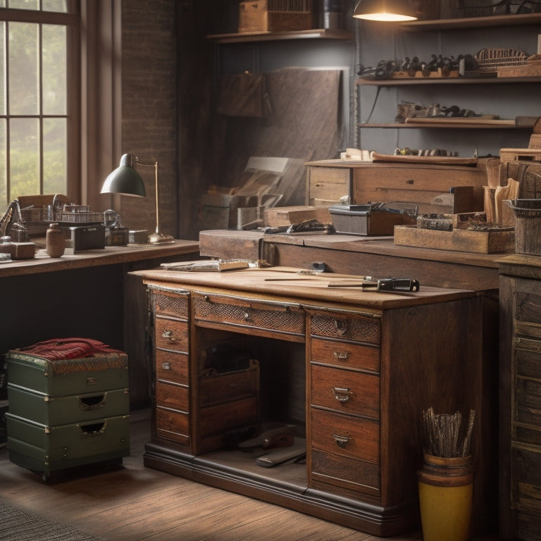 A tidy, compact workstation with a small, wooden tool chest featuring three narrow drawers, adorned with ornate metal handles, sitting atop a clutter-free workbench surrounded by neatly organized tools and accessories.