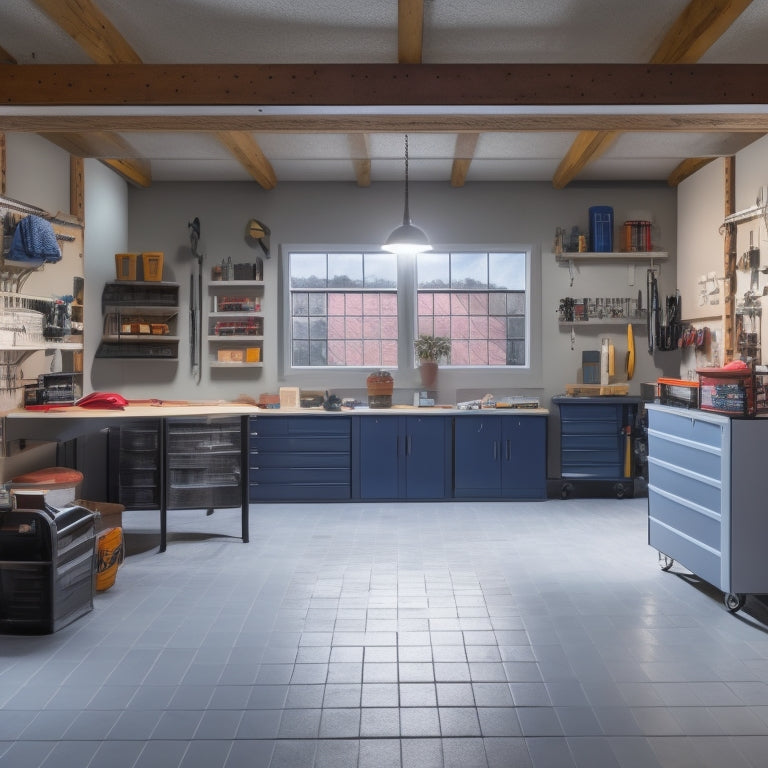 A well-lit, clutter-free garage with a prominent cubby system featuring five distinct sections, each containing organized tools, bins, and accessories, surrounded by a clean, grey concrete floor.