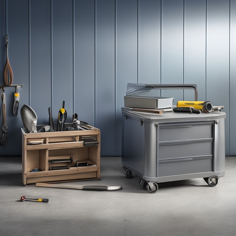 A clutter-free workshop with a sturdy, silver rolling metal tool box with drawers and a handle, surrounded by organized tools, against a clean, grey concrete background.